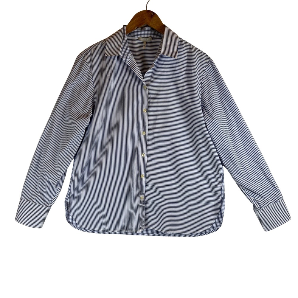 Hinson Wu Margot Blue White Striped Gingham Mixed Print Cotton Button Down Shirt